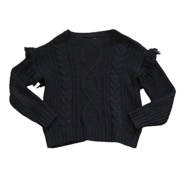 Everly Womens Cable Knit Crewneck Sweater Sz S Black Fringe Chunky Boho western - Picture 1 of 7